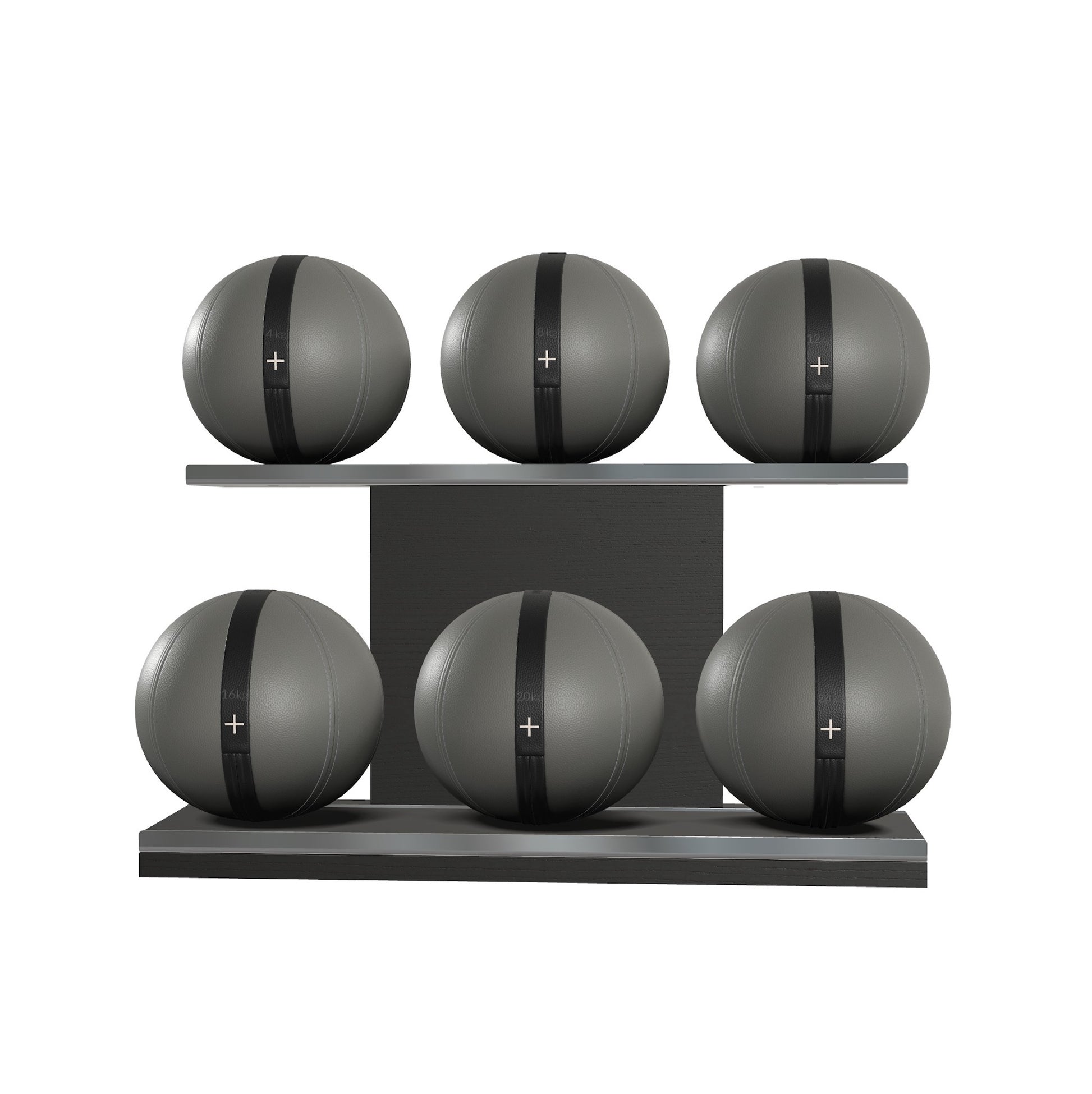 Six grey leather medicine balls with black accent leather, arranged on two shelves made of black ash wood. PENT. MOXA Set Ultimate - Set of 6 Medicine Balls on Horizontal Wooden Stand