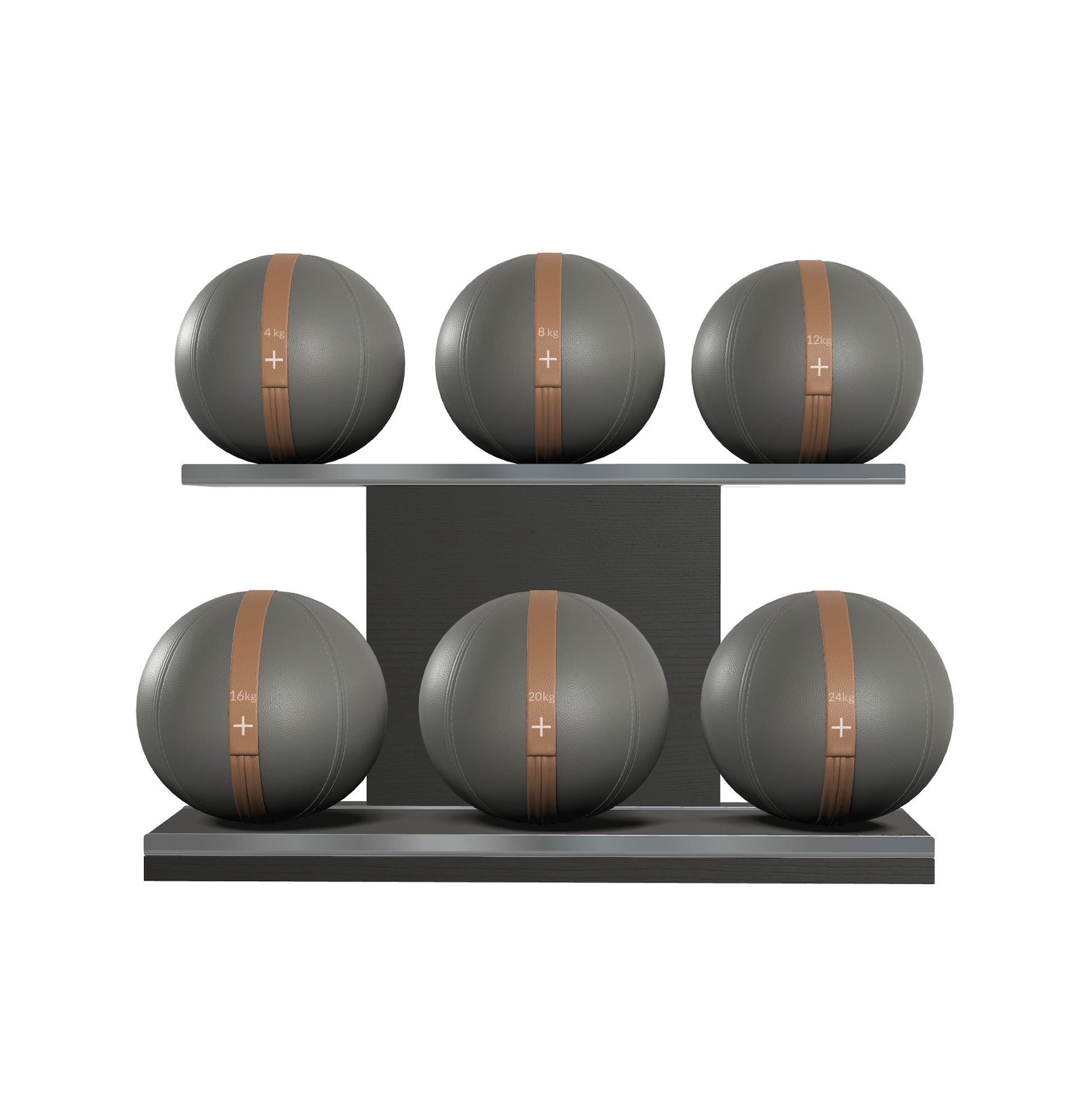 Six grey leather medicine balls with brown accent leather, arranged on two shelves made of black ash wood. PENT. MOXA Set Ultimate - Set of 6 Medicine Balls on Horizontal Wooden Stand
