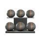 Six grey leather medicine balls with brown accent leather, arranged on two shelves made of black ash wood. PENT. MOXA Set Ultimate - Set of 6 Medicine Balls on Horizontal Wooden Stand