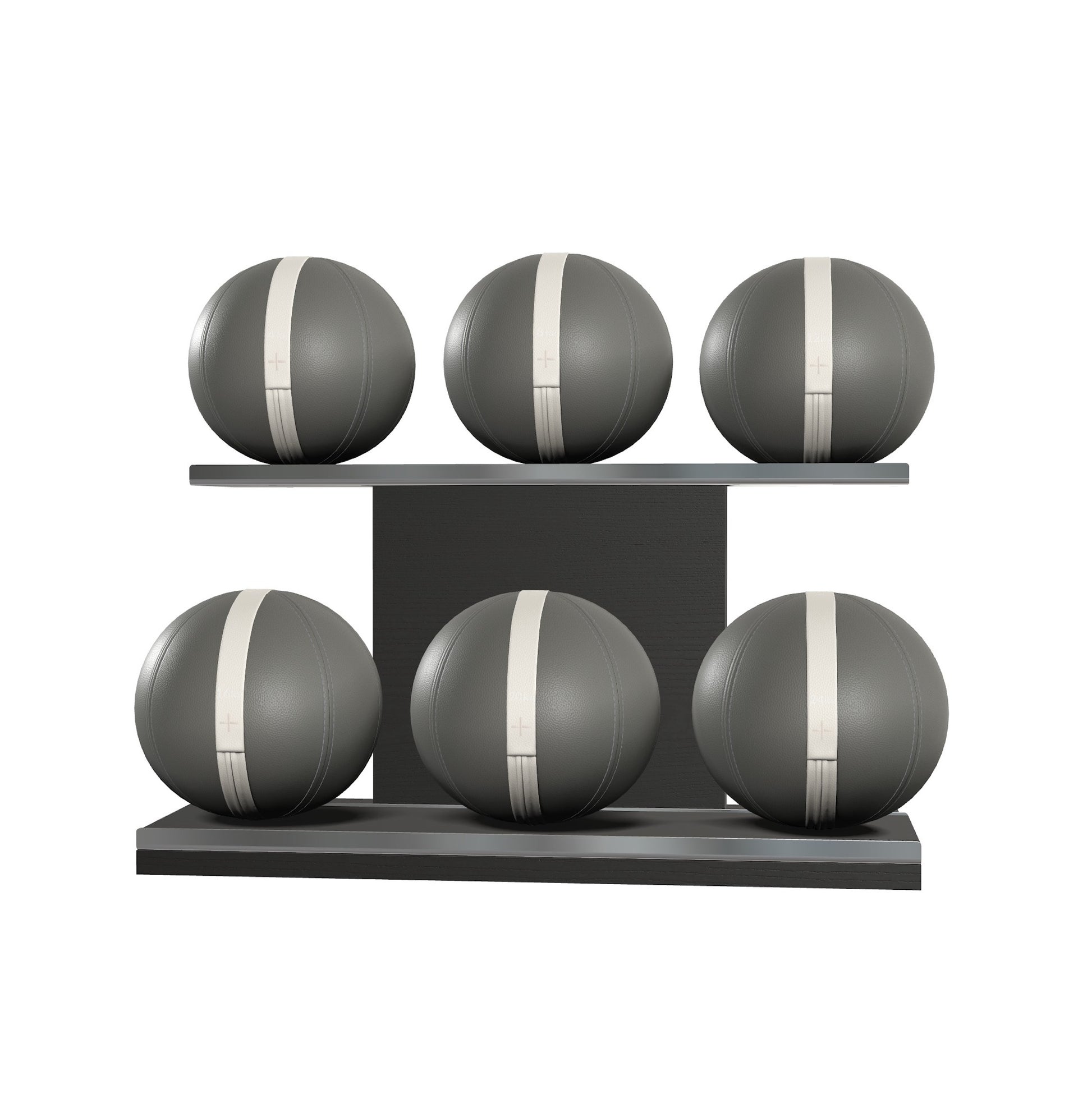 Six grey leather medicine balls with white accent leather, arranged on two shelves made of black ash wood. PENT. MOXA Set Ultimate - Set of 6 Medicine Balls on Horizontal Wooden Stand