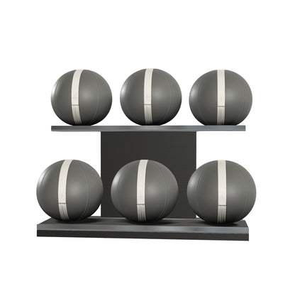 Six grey leather medicine balls with white accent leather, arranged on two shelves made of black ash wood. PENT. MOXA Set Ultimate - Set of 6 Medicine Balls on Horizontal Wooden Stand
