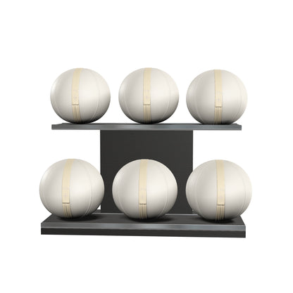 Six white leather medicine balls with white accent leather, arranged on two shelves made of black ash wood. PENT. MOXA Set Ultimate - Set of 6 Medicine Balls on Horizontal Wooden Stand