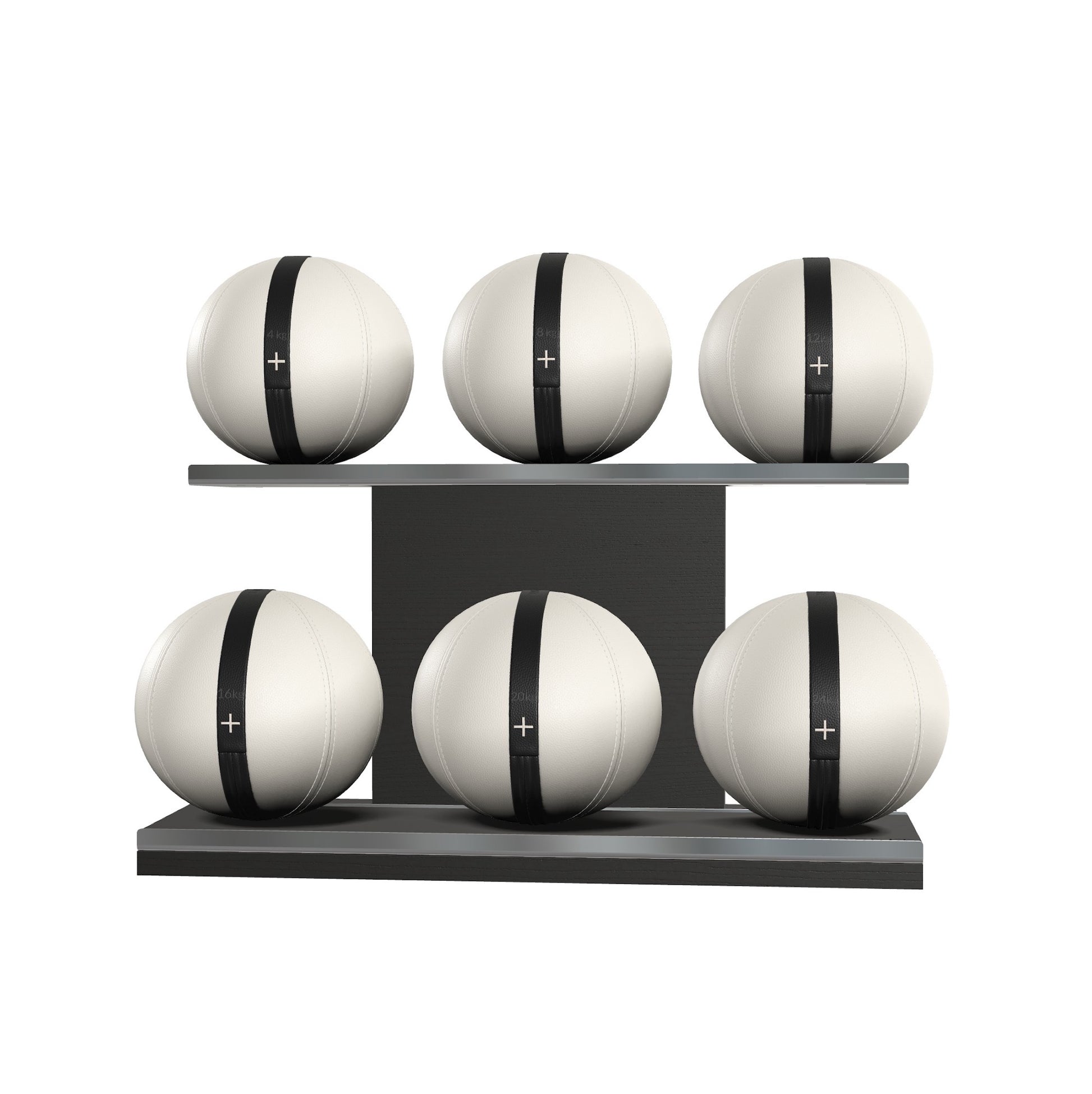 Six white leather medicine balls with black accent leather, arranged on two shelves made of black ash wood. PENT. MOXA Set Ultimate - Set of 6 Medicine Balls on Horizontal Wooden Stand