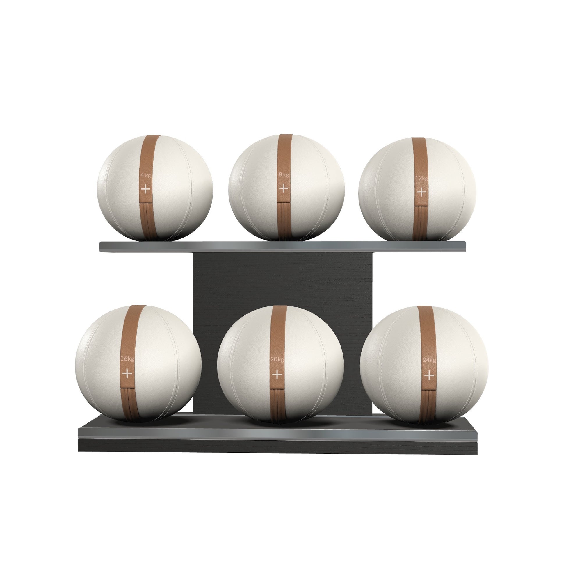 Six white leather medicine balls with brown accent leather, arranged on two shelves made of black ash wood. PENT. MOXA Set Ultimate - Set of 6 Medicine Balls on Horizontal Wooden Stand