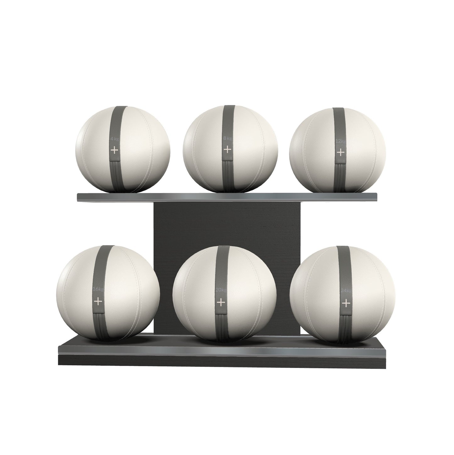 Six white leather medicine balls with grey accent leather, arranged on two shelves made of black ash wood. PENT. MOXA Set Ultimate - Set of 6 Medicine Balls on Horizontal Wooden Stand