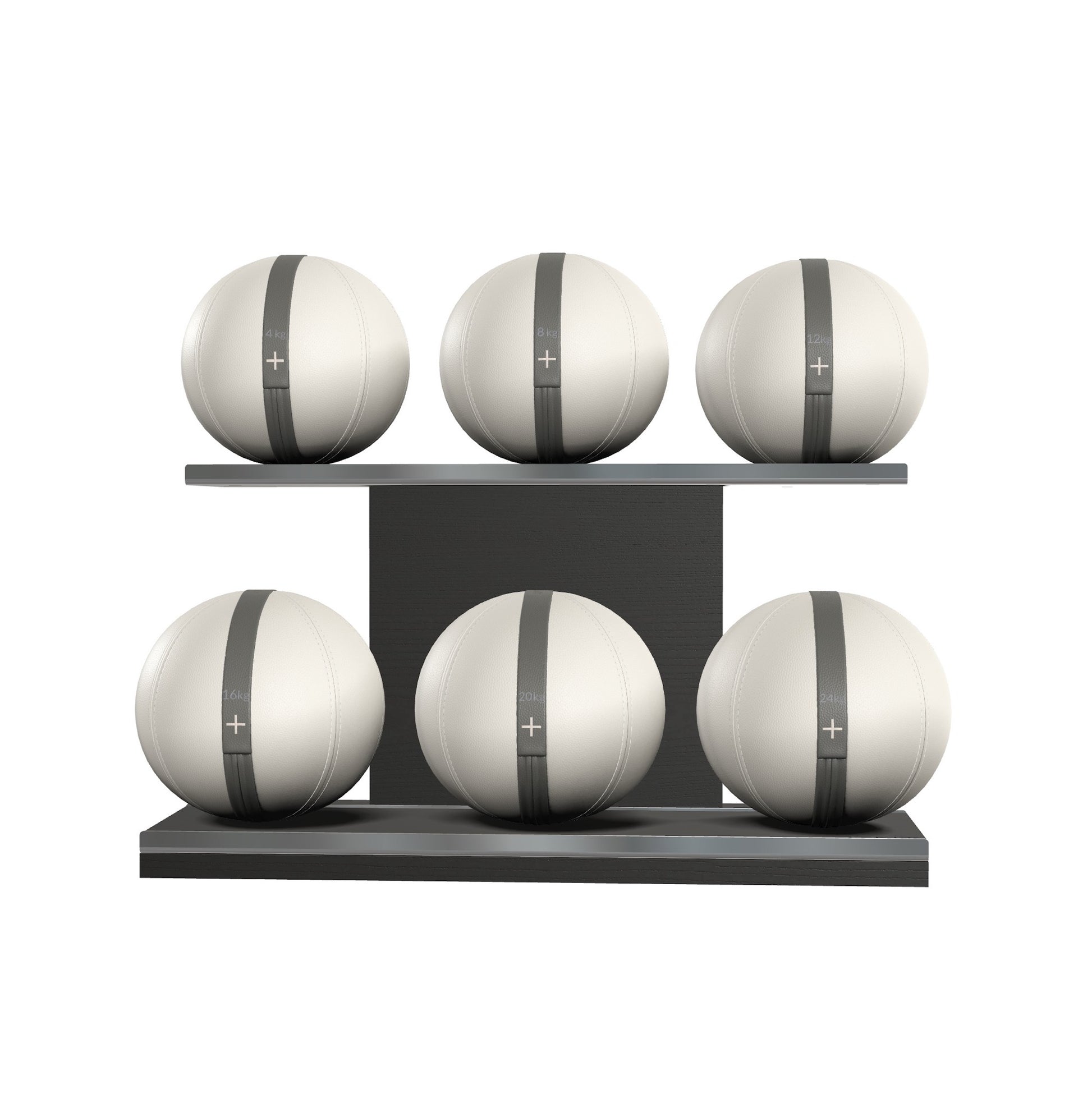 Six white leather medicine balls with grey accent leather, arranged on two shelves made of black ash wood. PENT. MOXA Set Ultimate - Set of 6 Medicine Balls on Horizontal Wooden Stand