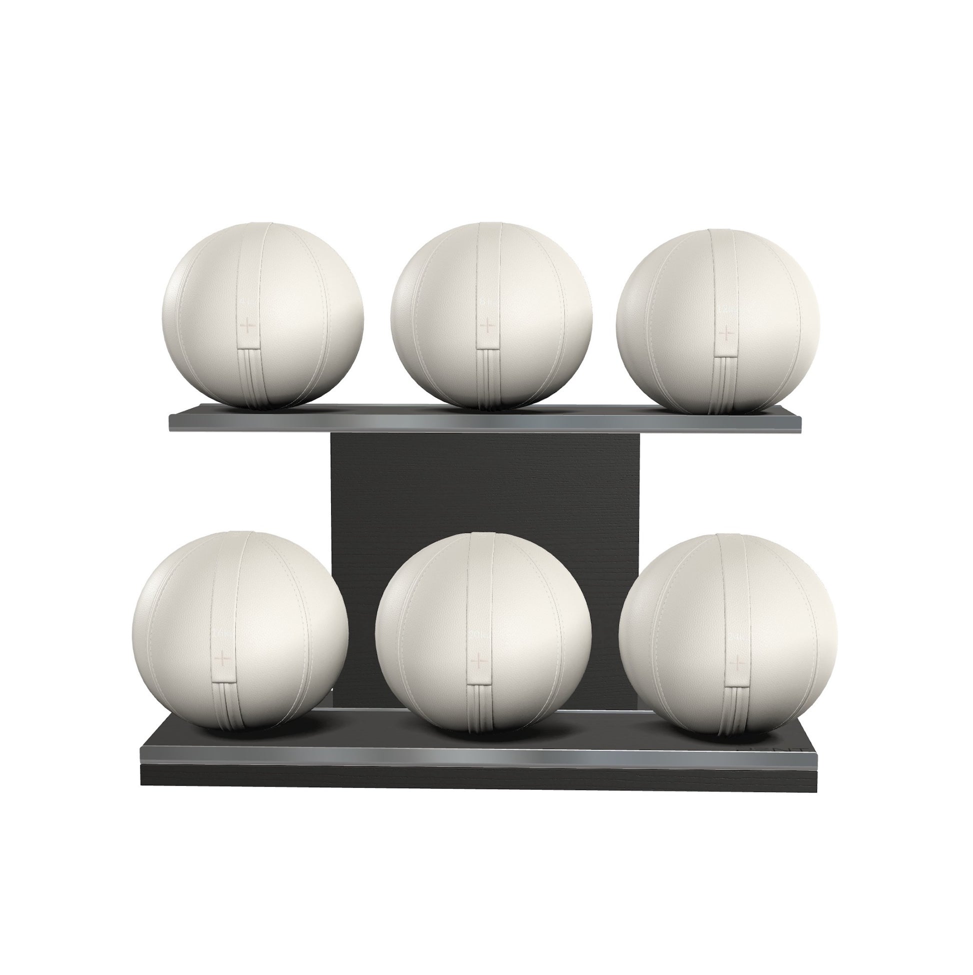 Six white leather medicine balls with white accent leather, arranged on two shelves made of black ash wood. PENT. MOXA Set Ultimate - Set of 6 Medicine Balls on Horizontal Wooden Stand