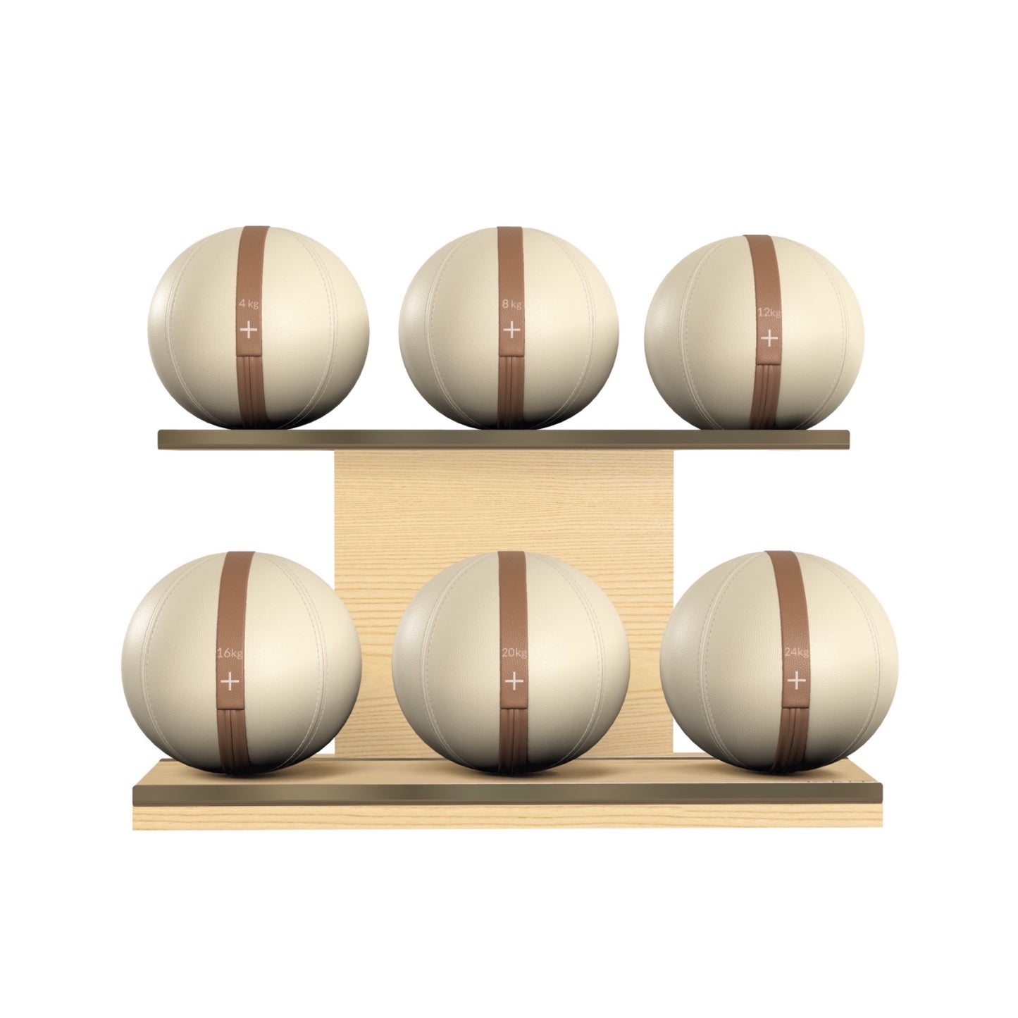 PENT. MOXA Set Ultimate - In Gold - Set of 6 Medicine Balls on Horizontal Wooden Stand - 4, 8, 12, 16, 20, 24 KG