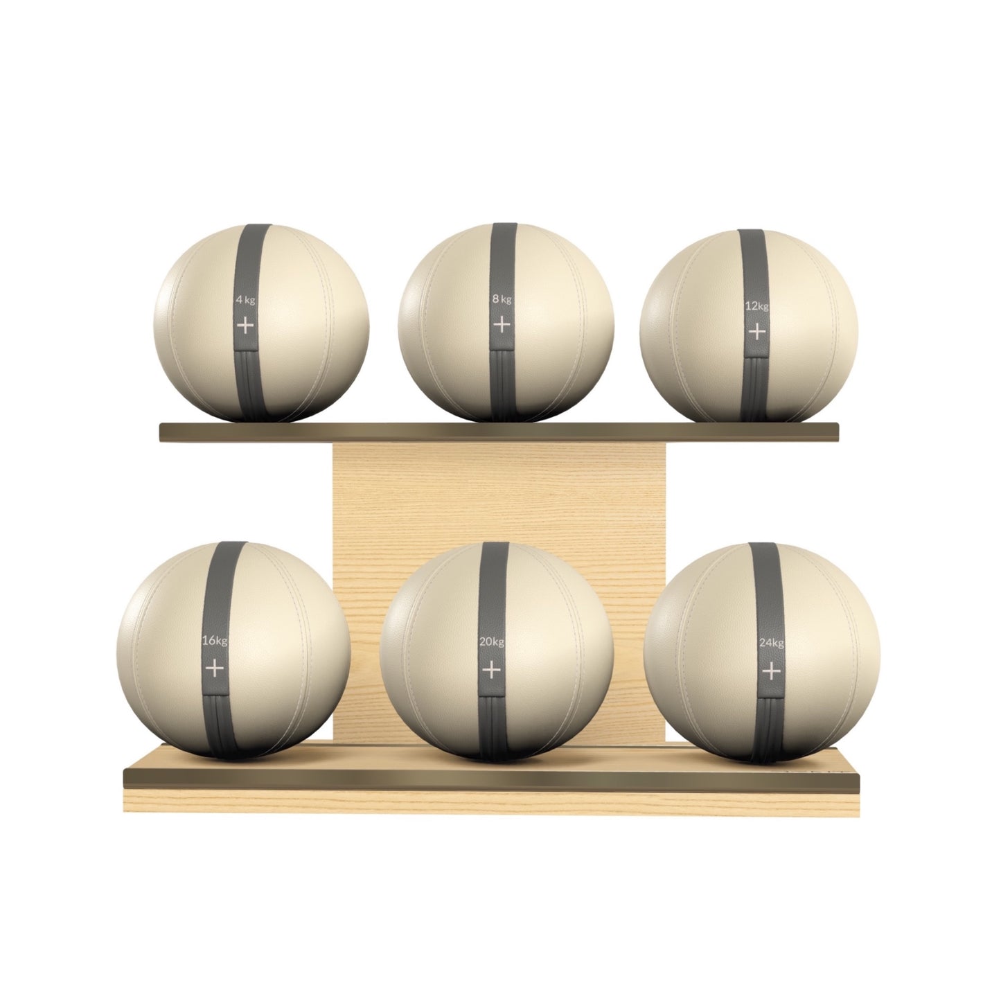 PENT. MOXA Set Ultimate - In Gold - Set of 6 Medicine Balls on Horizontal Wooden Stand - 4, 8, 12, 16, 20, 24 KG