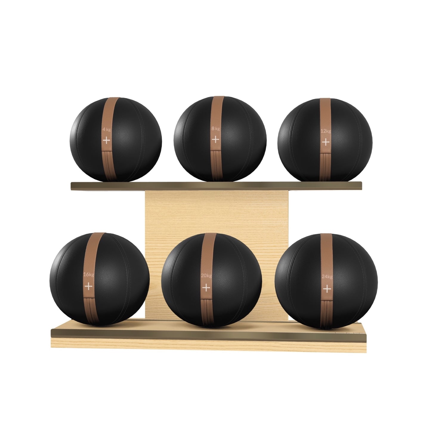 PENT. MOXA Set Ultimate - In Gold - Set of 6 Medicine Balls on Horizontal Wooden Stand - 4, 8, 12, 16, 20, 24 KG