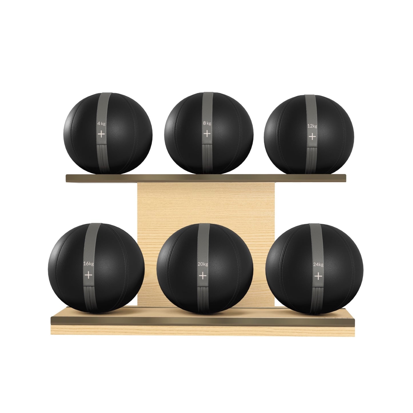PENT. MOXA Set Ultimate - In Gold - Set of 6 Medicine Balls on Horizontal Wooden Stand - 4, 8, 12, 16, 20, 24 KG
