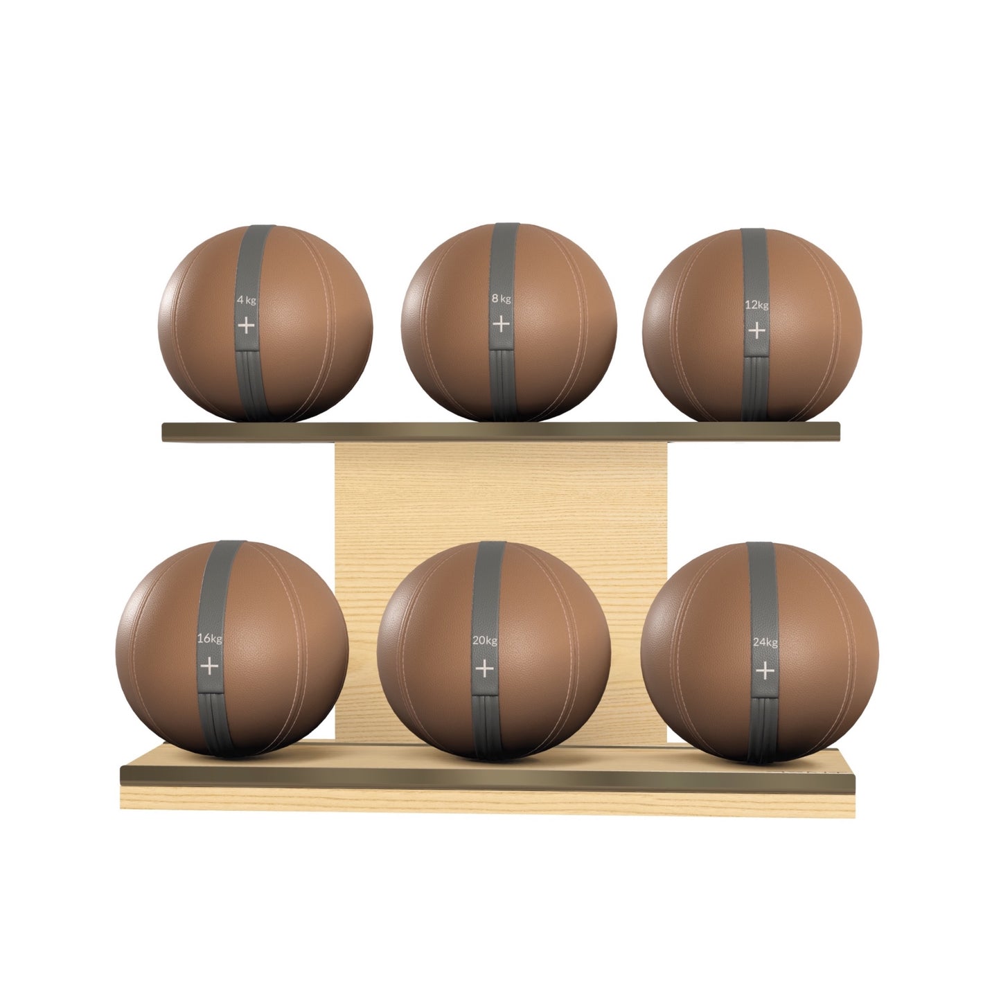 PENT. MOXA Set Ultimate - In Gold - Set of 6 Medicine Balls on Horizontal Wooden Stand - 4, 8, 12, 16, 20, 24 KG