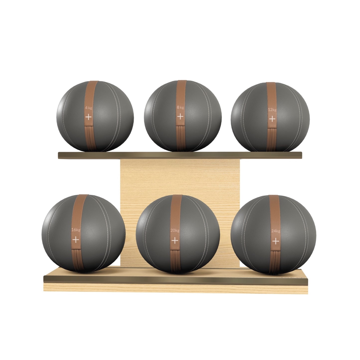 PENT. MOXA Set Ultimate - In Gold - Set of 6 Medicine Balls on Horizontal Wooden Stand - 4, 8, 12, 16, 20, 24 KG