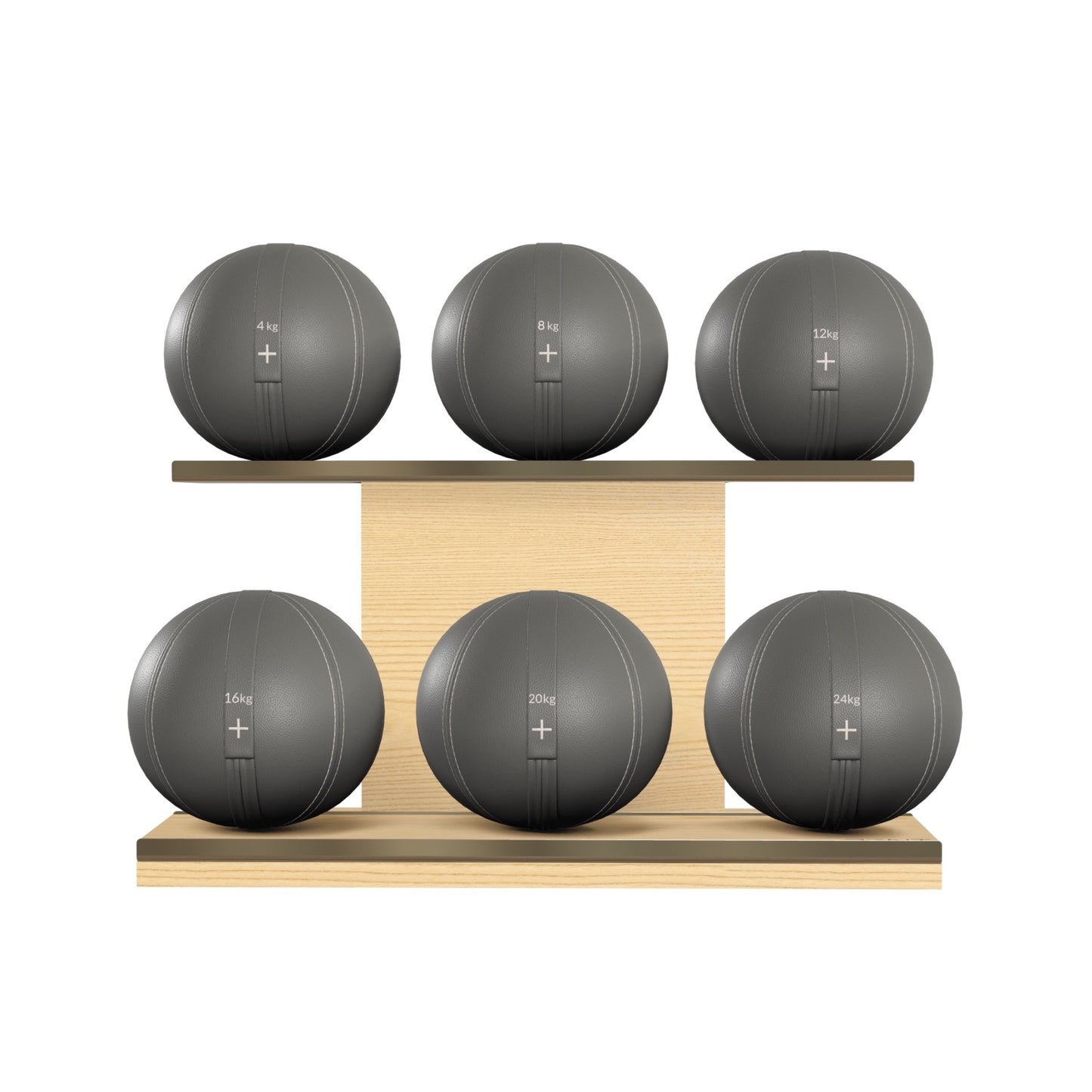 PENT. MOXA Set Ultimate - In Gold - Set of 6 Medicine Balls on Horizontal Wooden Stand - 4, 8, 12, 16, 20, 24 KG