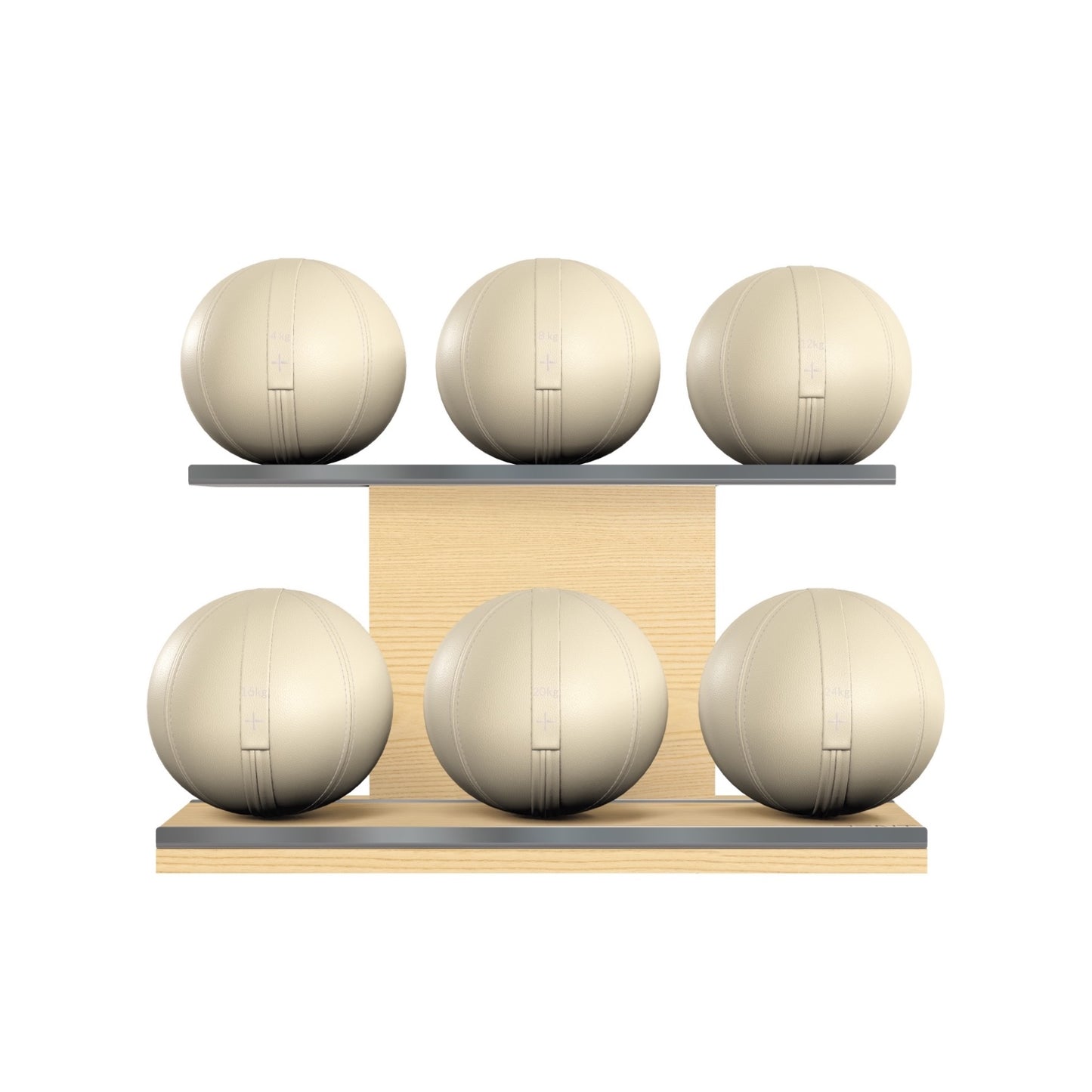 PENT. MOXA Set Ultimate - Set of 6 Medicine Balls on Horizontal Wooden Stand - 4, 8, 12, 16, 20, 24 KG
