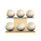 Six beige leather medicine balls with white accent leather, arranged on two shelves made of natural ash wood. PENT. MOXA Set Ultimate - Set of 6 Medicine Balls on Horizontal Wooden Stand