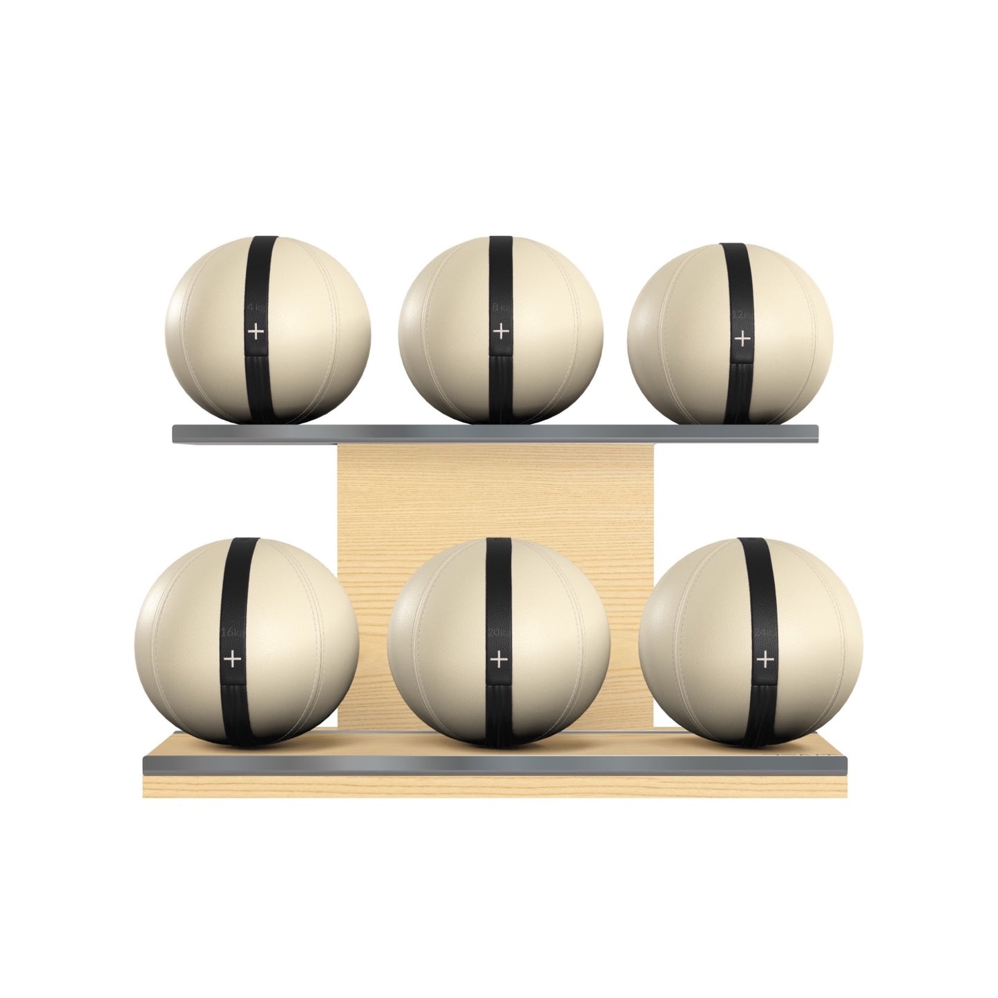 PENT. MOXA Set Ultimate - Set of 6 Medicine Balls on Horizontal Wooden Stand - 4, 8, 12, 16, 20, 24 KG