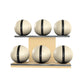 Six beige leather medicine balls with black accent leather, arranged on two shelves made of natural ash wood. PENT. MOXA Set Ultimate - Set of 6 Medicine Balls on Horizontal Wooden Stand