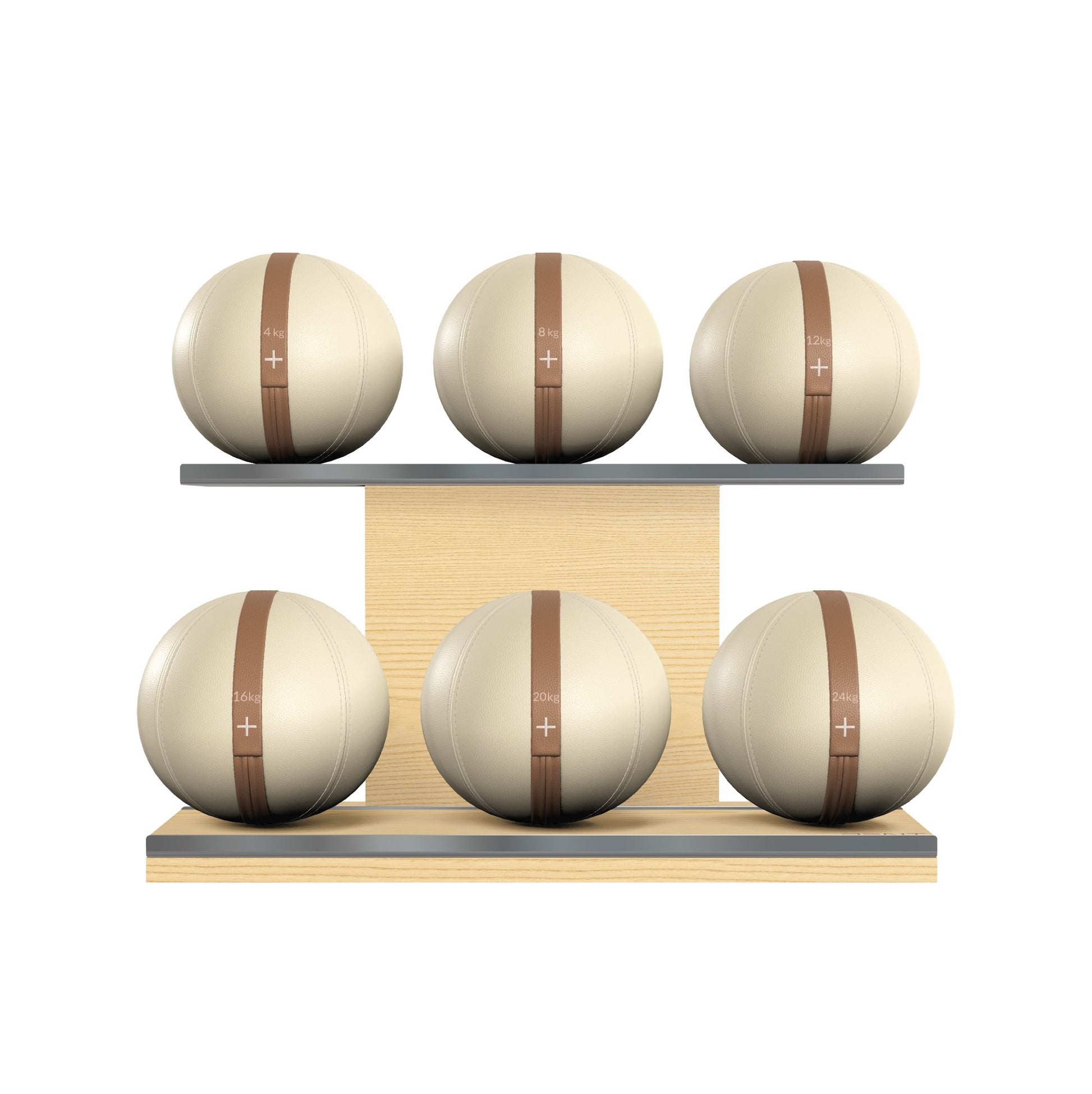 Six beige leather medicine balls with brown accent leather, arranged on two shelves made of natural ash wood. PENT. MOXA Set Ultimate - Set of 6 Medicine Balls on Horizontal Wooden Stand