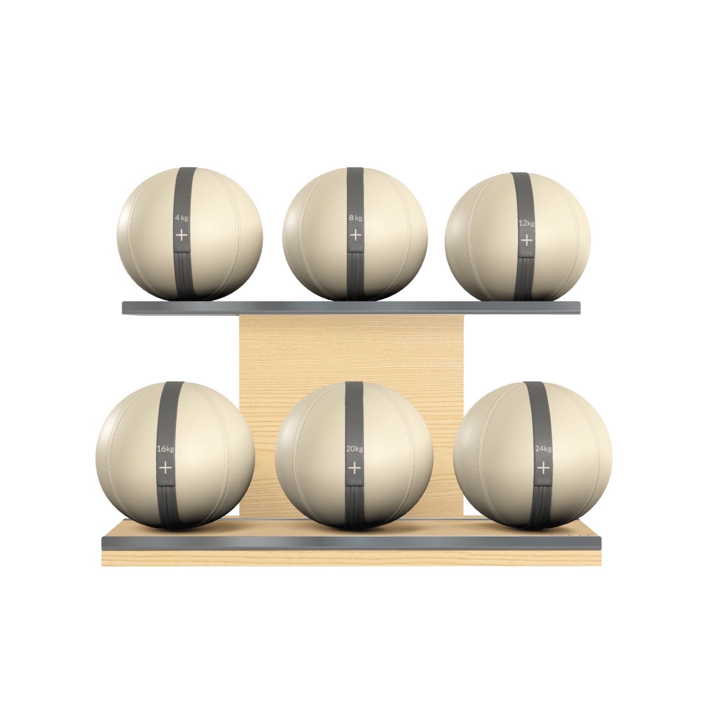 PENT. MOXA Set Ultimate - Set of 6 Medicine Balls on Horizontal Wooden Stand - 4, 8, 12, 16, 20, 24 KG