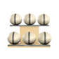 Six beige leather medicine balls with grey accent leather, arranged on two shelves made of natural ash wood. PENT. MOXA Set Ultimate - Set of 6 Medicine Balls on Horizontal Wooden Stand