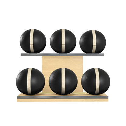 Six black leather medicine balls with beige accent leather, arranged on two shelves made of natural ash wood. PENT. MOXA Set Ultimate - Set of 6 Medicine Balls on Horizontal Wooden Stand