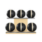 Six black leather medicine balls with beige accent leather, arranged on two shelves made of natural ash wood. PENT. MOXA Set Ultimate - Set of 6 Medicine Balls on Horizontal Wooden Stand