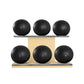 Six black leather medicine balls with black accent leather, arranged on two shelves made of natural ash wood. PENT. MOXA Set Ultimate - Set of 6 Medicine Balls on Horizontal Wooden Stand
