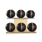 Six black leather medicine balls with brown accent leather, arranged on two shelves made of natural ash wood. PENT. MOXA Set Ultimate - Set of 6 Medicine Balls on Horizontal Wooden Stand