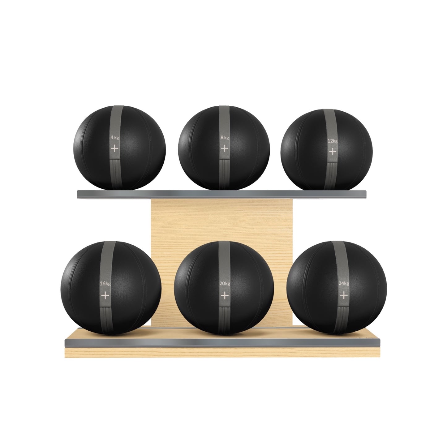 PENT. MOXA Set Ultimate - Set of 6 Medicine Balls on Horizontal Wooden Stand - 4, 8, 12, 16, 20, 24 KG
