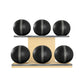 Six black leather medicine balls with grey accent leather, arranged on two shelves made of natural ash wood. PENT. MOXA Set Ultimate - Set of 6 Medicine Balls on Horizontal Wooden Stand