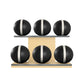Six black leather medicine balls with white accent leather, arranged on two shelves made of natural ash wood. PENT. MOXA Set Ultimate - Set of 6 Medicine Balls on Horizontal Wooden Stand