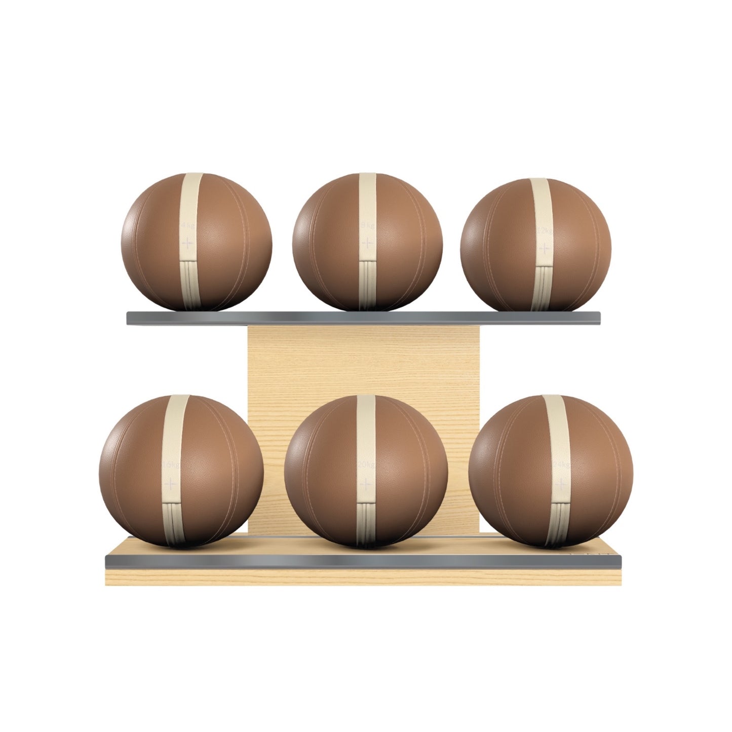 PENT. MOXA Set Ultimate - Set of 6 Medicine Balls on Horizontal Wooden Stand - 4, 8, 12, 16, 20, 24 KG