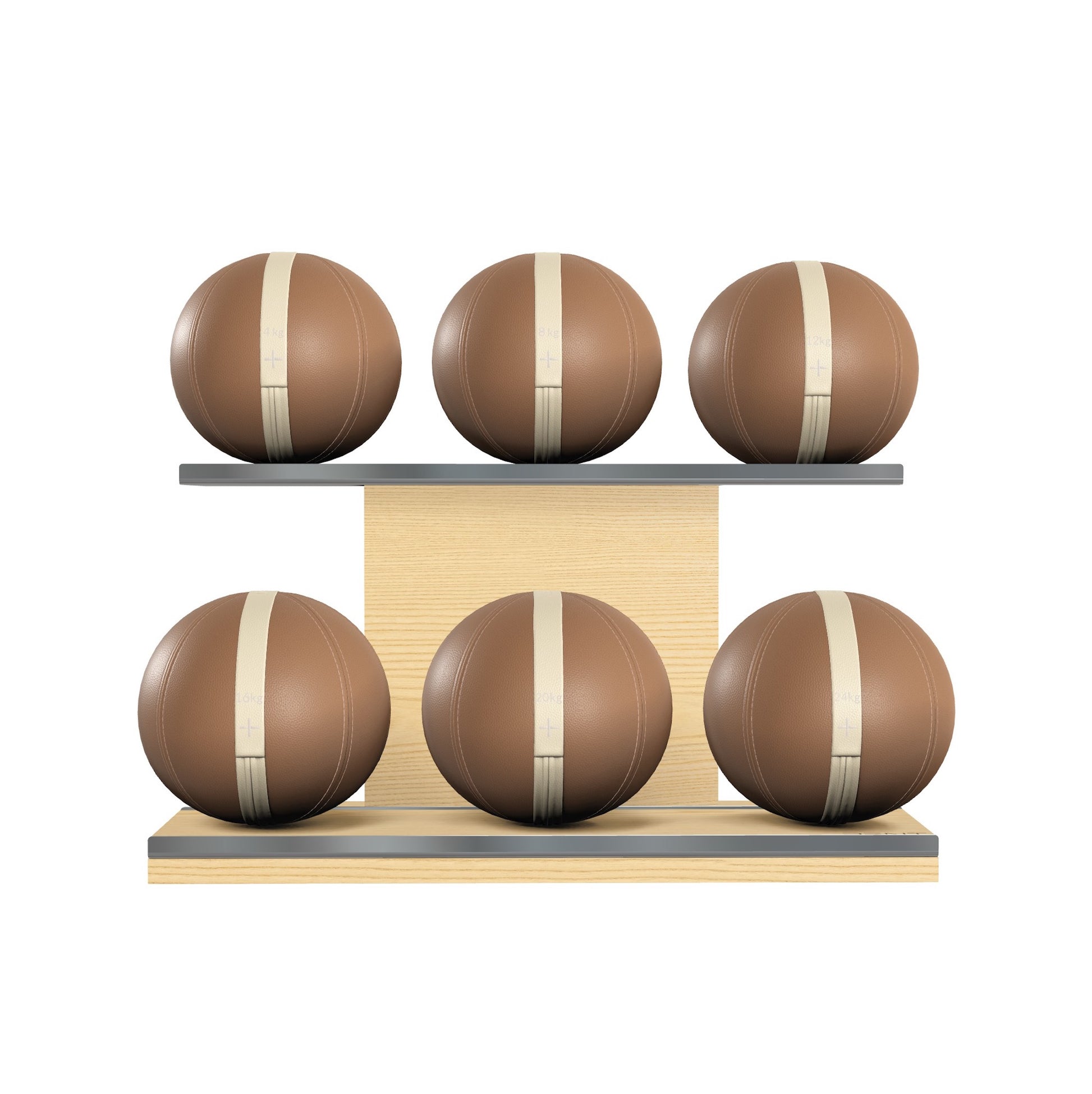 Six brown leather medicine balls with beige accent leather, arranged on two shelves made of natural ash wood. PENT. MOXA Set Ultimate - Set of 6 Medicine Balls on Horizontal Wooden Stand