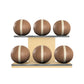 Six brown leather medicine balls with beige accent leather, arranged on two shelves made of natural ash wood. PENT. MOXA Set Ultimate - Set of 6 Medicine Balls on Horizontal Wooden Stand