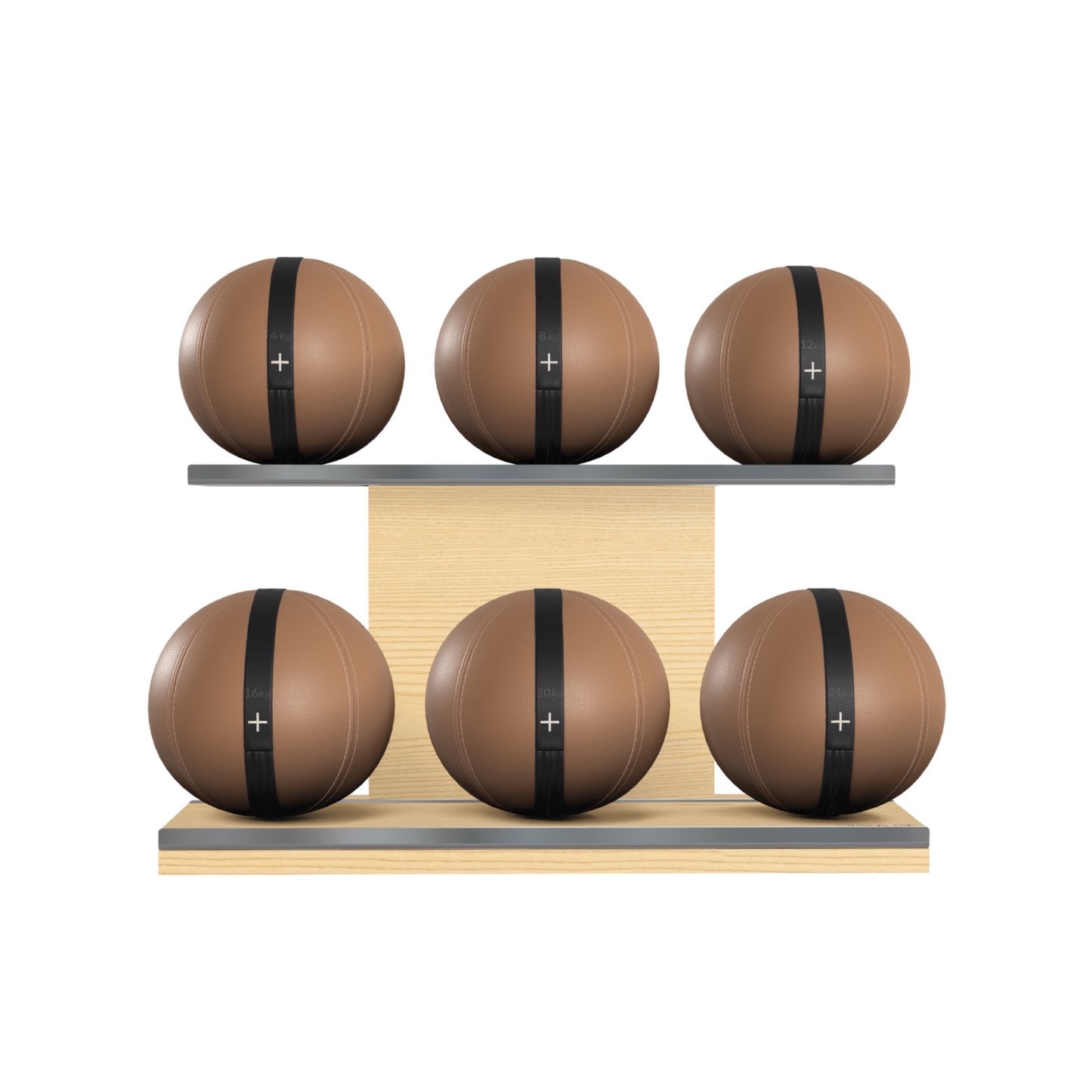 PENT. MOXA Set Ultimate - Set of 6 Medicine Balls on Horizontal Wooden Stand - 4, 8, 12, 16, 20, 24 KG