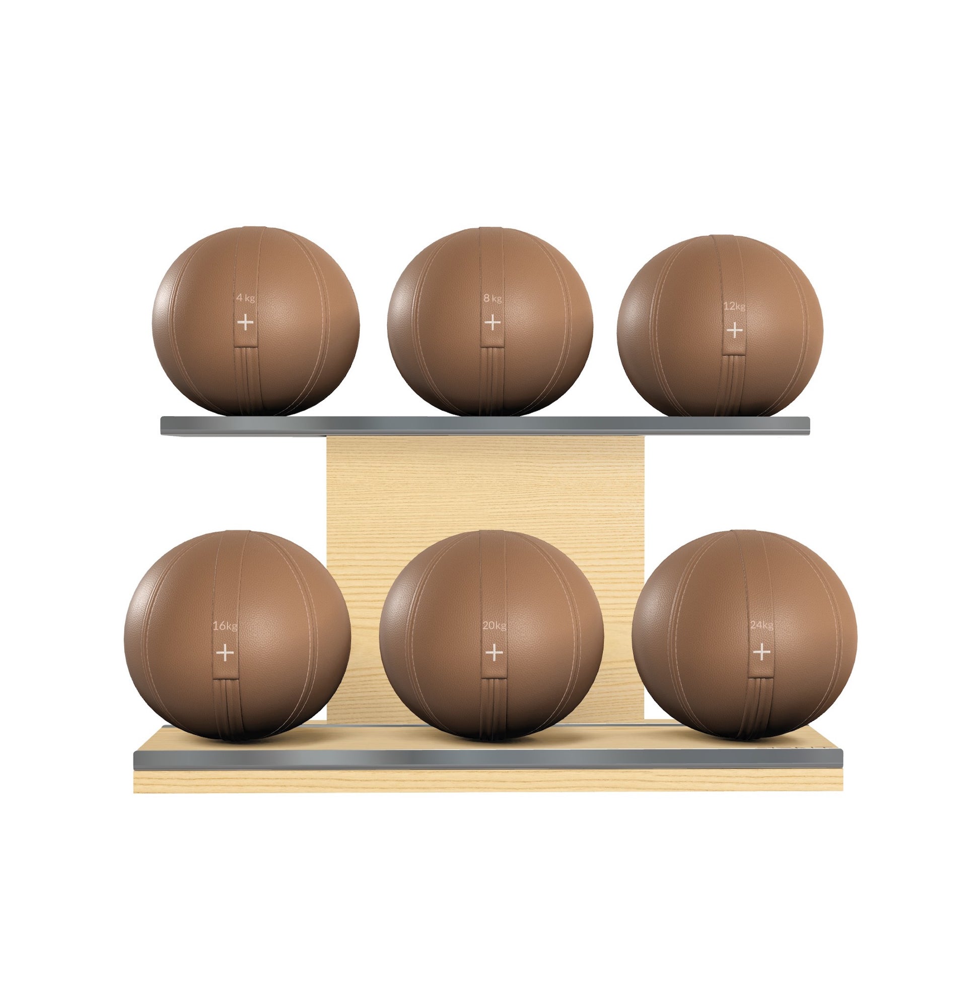 Six brown leather medicine balls with brown accent leather, arranged on two shelves made of natural ash wood. PENT. MOXA Set Ultimate - Set of 6 Medicine Balls on Horizontal Wooden Stand
