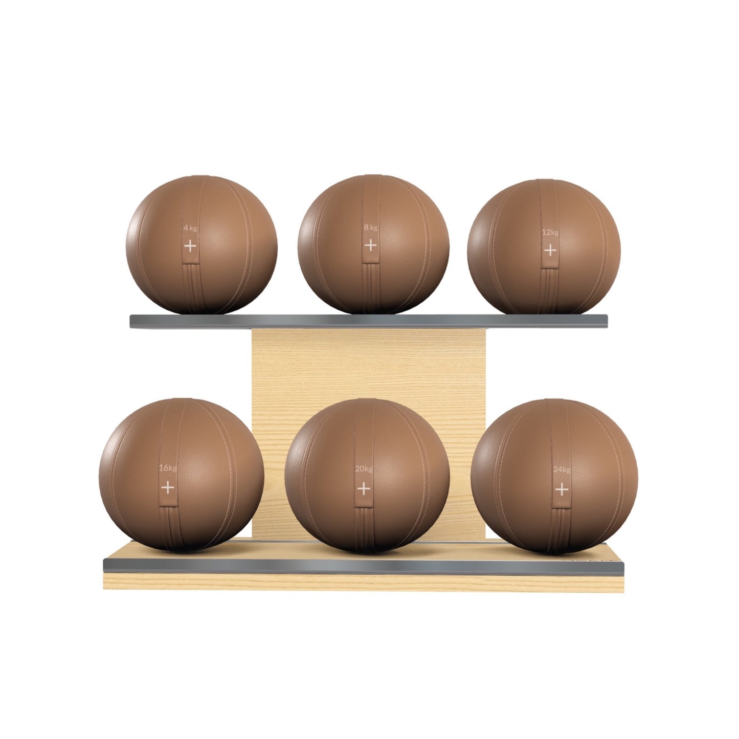 PENT. MOXA Set Ultimate - Set of 6 Medicine Balls on Horizontal Wooden Stand - 4, 8, 12, 16, 20, 24 KG