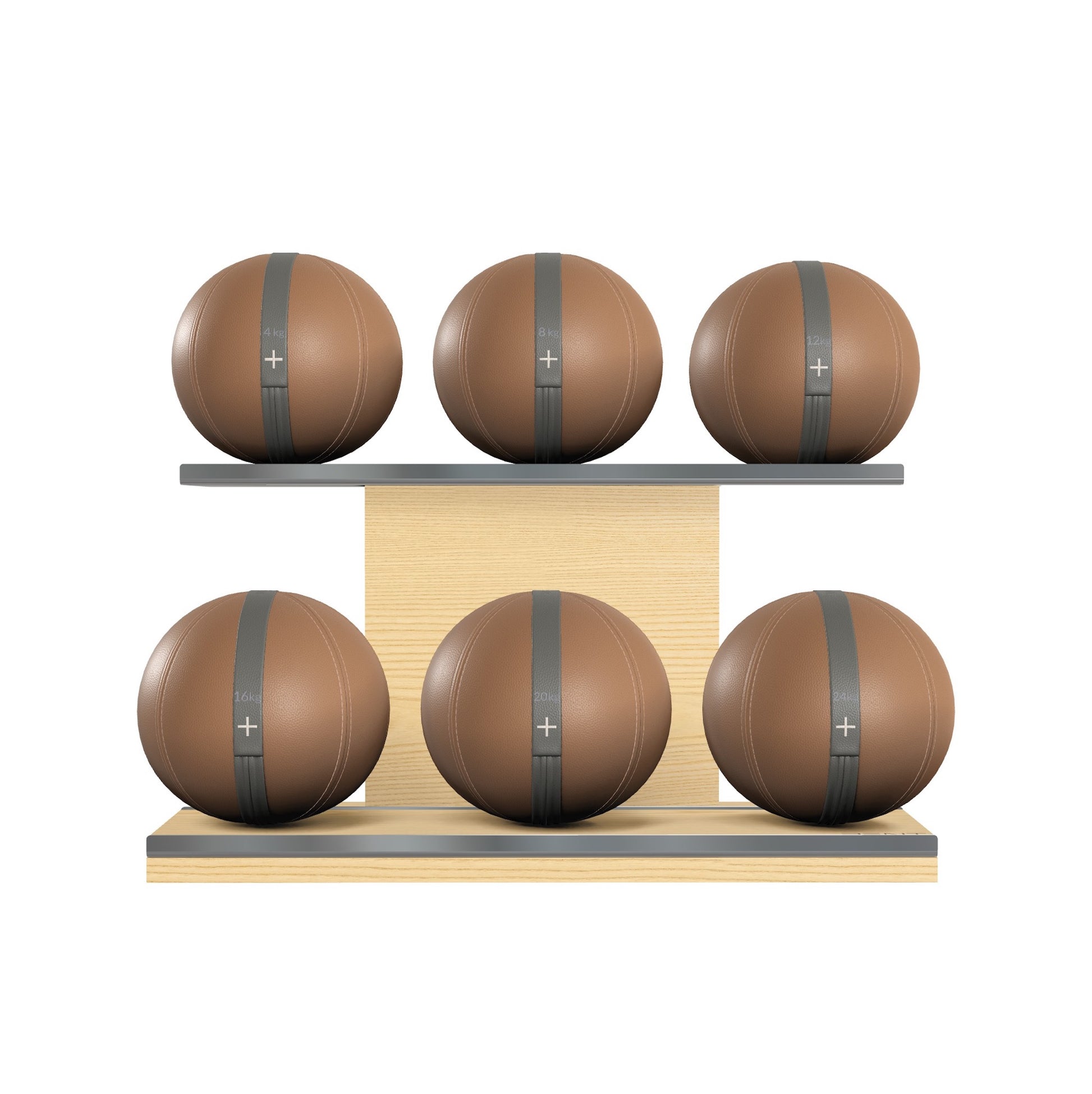Six brown leather medicine balls with grey accent leather, arranged on two shelves made of natural ash wood. PENT. MOXA Set Ultimate - Set of 6 Medicine Balls on Horizontal Wooden Stand