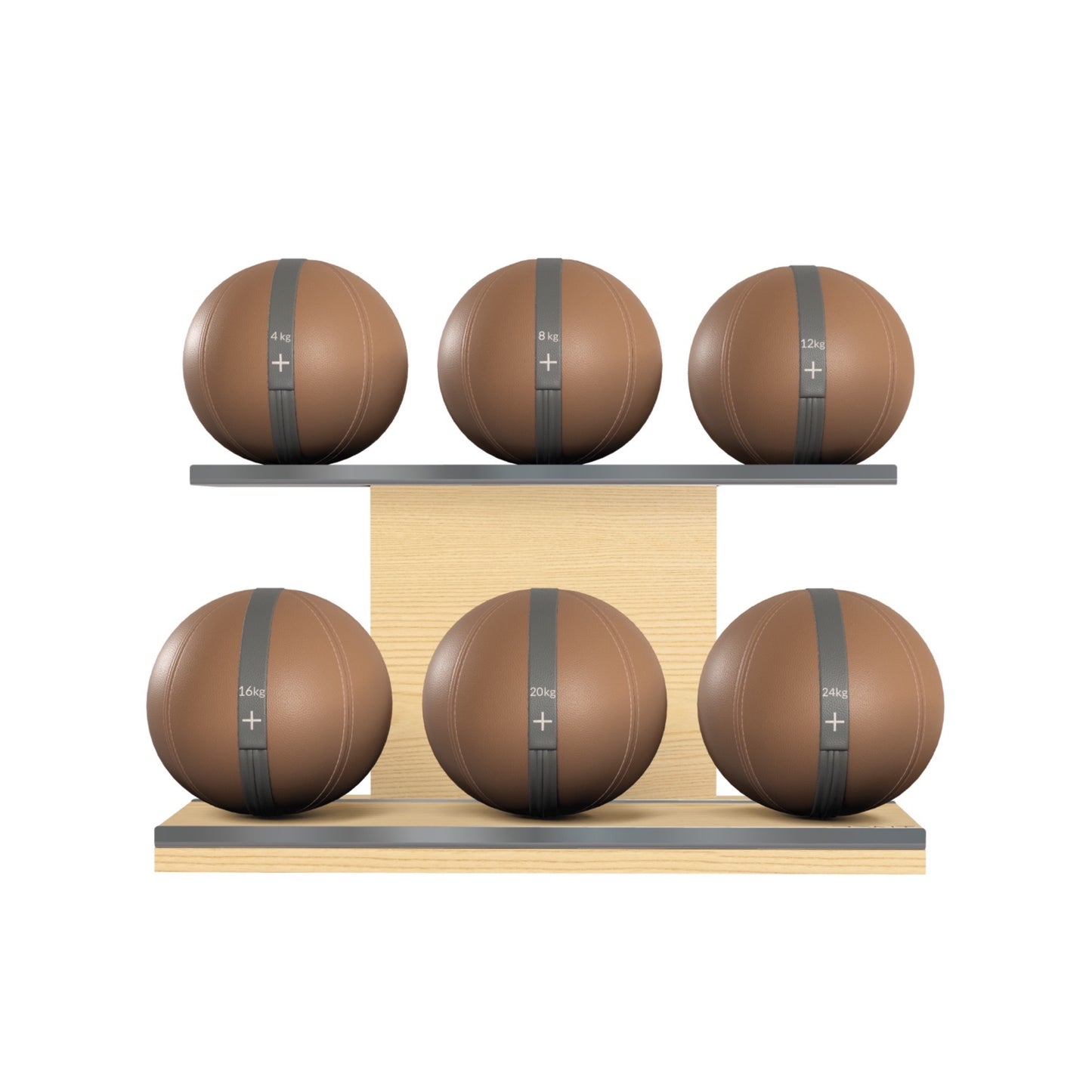 PENT. MOXA Set Ultimate - Set of 6 Medicine Balls on Horizontal Wooden Stand - 4, 8, 12, 16, 20, 24 KG