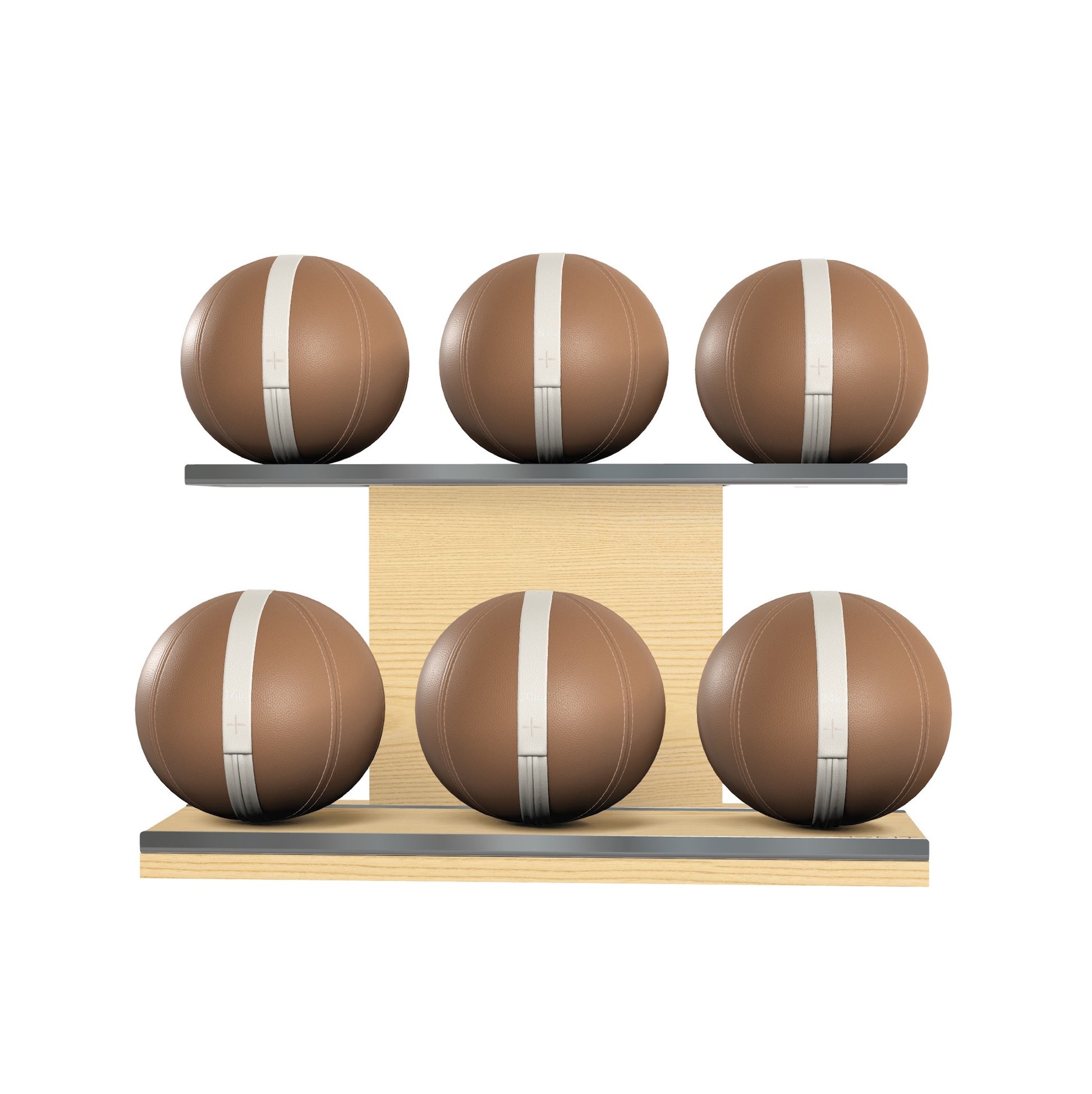 Six brown leather medicine balls with white accent leather, arranged on two shelves made of natural ash wood. PENT. MOXA Set Ultimate - Set of 6 Medicine Balls on Horizontal Wooden Stand