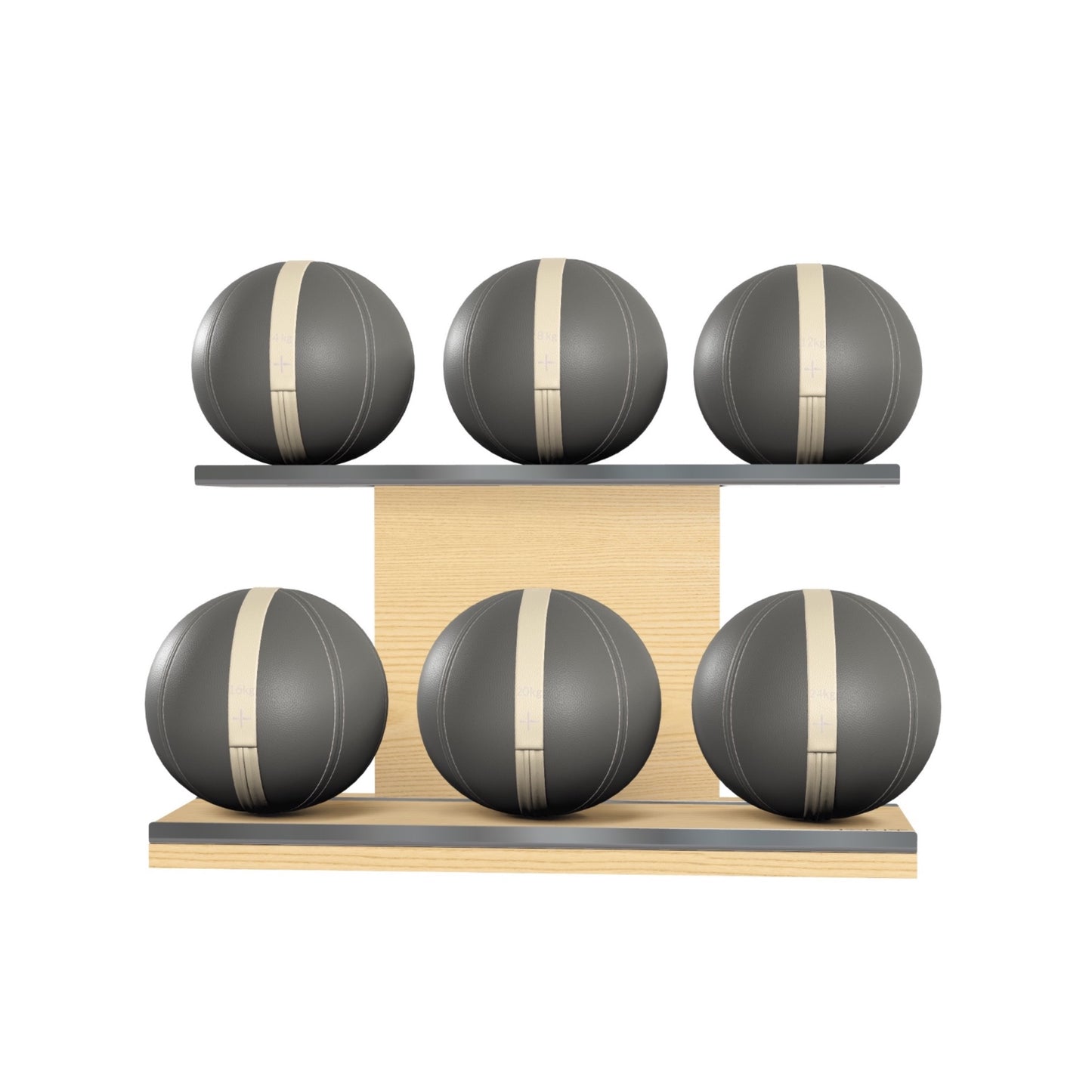 PENT. MOXA Set Ultimate - Set of 6 Medicine Balls on Horizontal Wooden Stand - 4, 8, 12, 16, 20, 24 KG