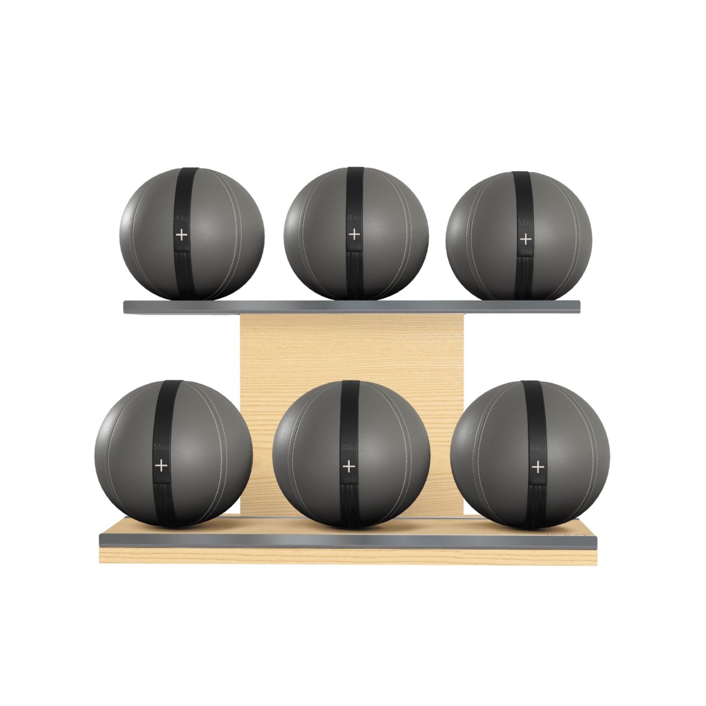 PENT. MOXA Set Ultimate - Set of 6 Medicine Balls on Horizontal Wooden Stand - 4, 8, 12, 16, 20, 24 KG
