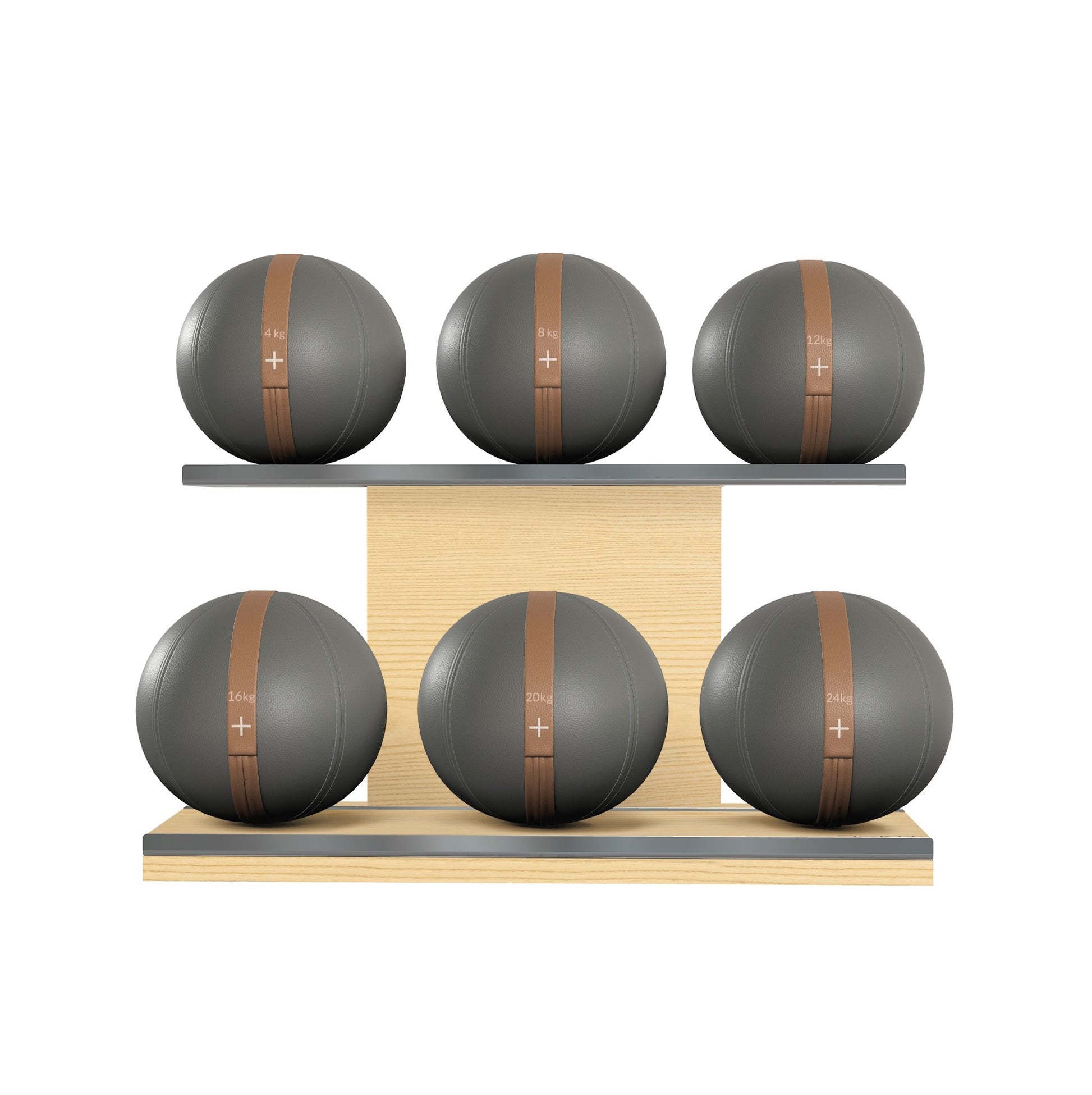 Six grey leather medicine balls with brown accent leather, arranged on two shelves made of natural ash wood. PENT. MOXA Set Ultimate - Set of 6 Medicine Balls on Horizontal Wooden Stand