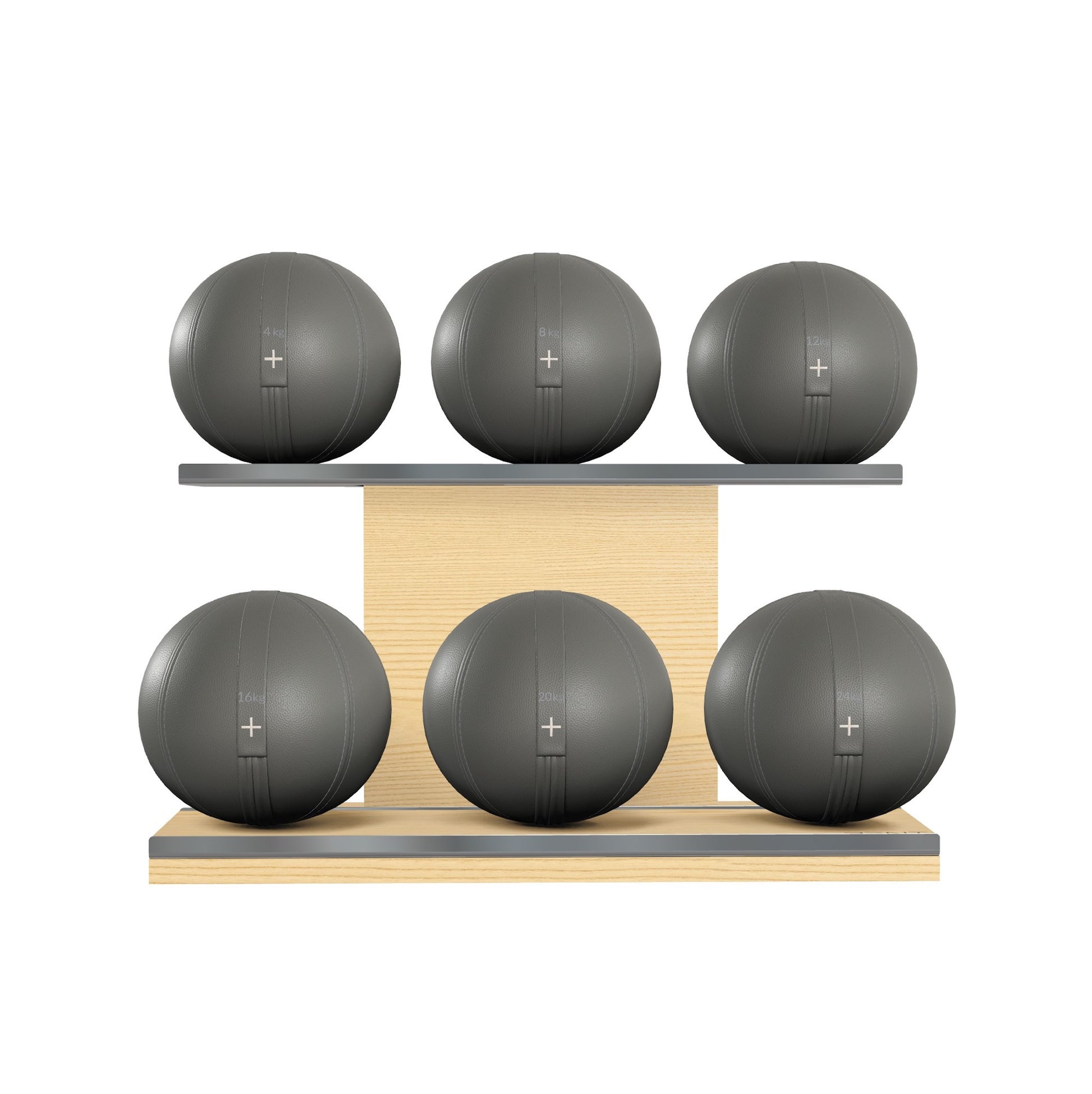 Six grey leather medicine balls with grey accent leather, arranged on two shelves made of natural ash wood. PENT. MOXA Set Ultimate - Set of 6 Medicine Balls on Horizontal Wooden Stand