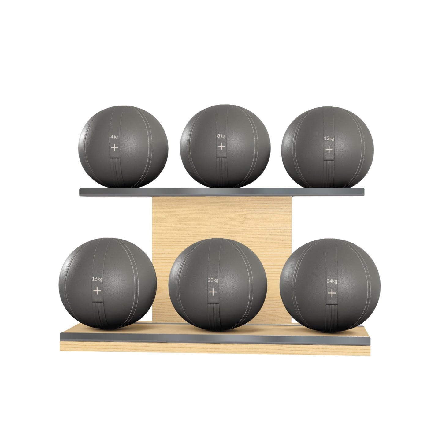 PENT. MOXA Set Ultimate - Set of 6 Medicine Balls on Horizontal Wooden Stand - 4, 8, 12, 16, 20, 24 KG