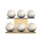 Six white leather medicine balls with beige accent leather, arranged on two shelves made of natural ash wood. PENT. MOXA Set Ultimate - Set of 6 Medicine Balls on Horizontal Wooden Stand