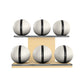 Six white leather medicine balls with black accent leather, arranged on two shelves made of natural ash wood. PENT. MOXA Set Ultimate - Set of 6 Medicine Balls on Horizontal Wooden Stand