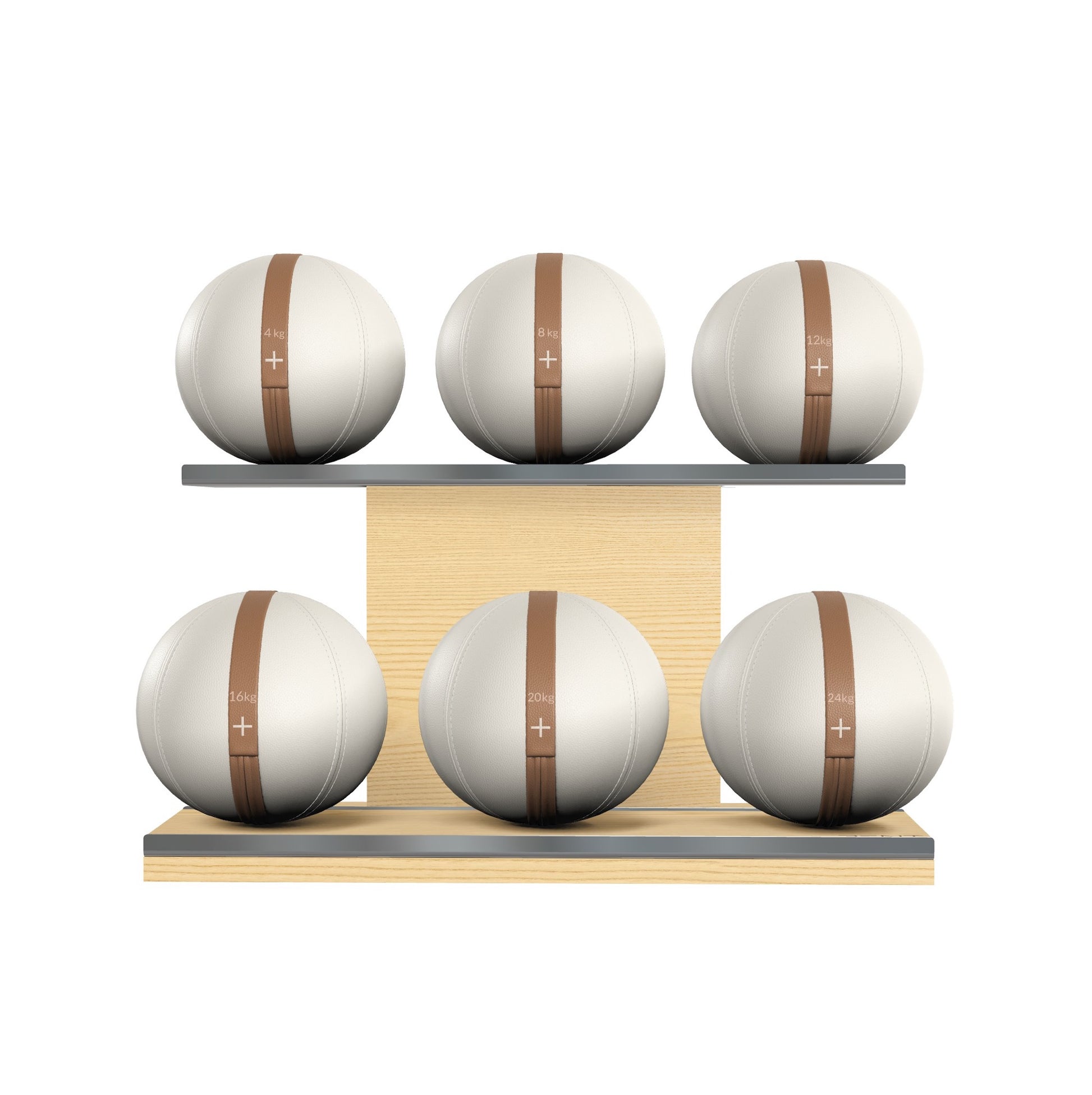 Six white leather medicine balls with brown accent leather, arranged on two shelves made of natural ash wood. PENT. MOXA Set Ultimate - Set of 6 Medicine Balls on Horizontal Wooden Stand