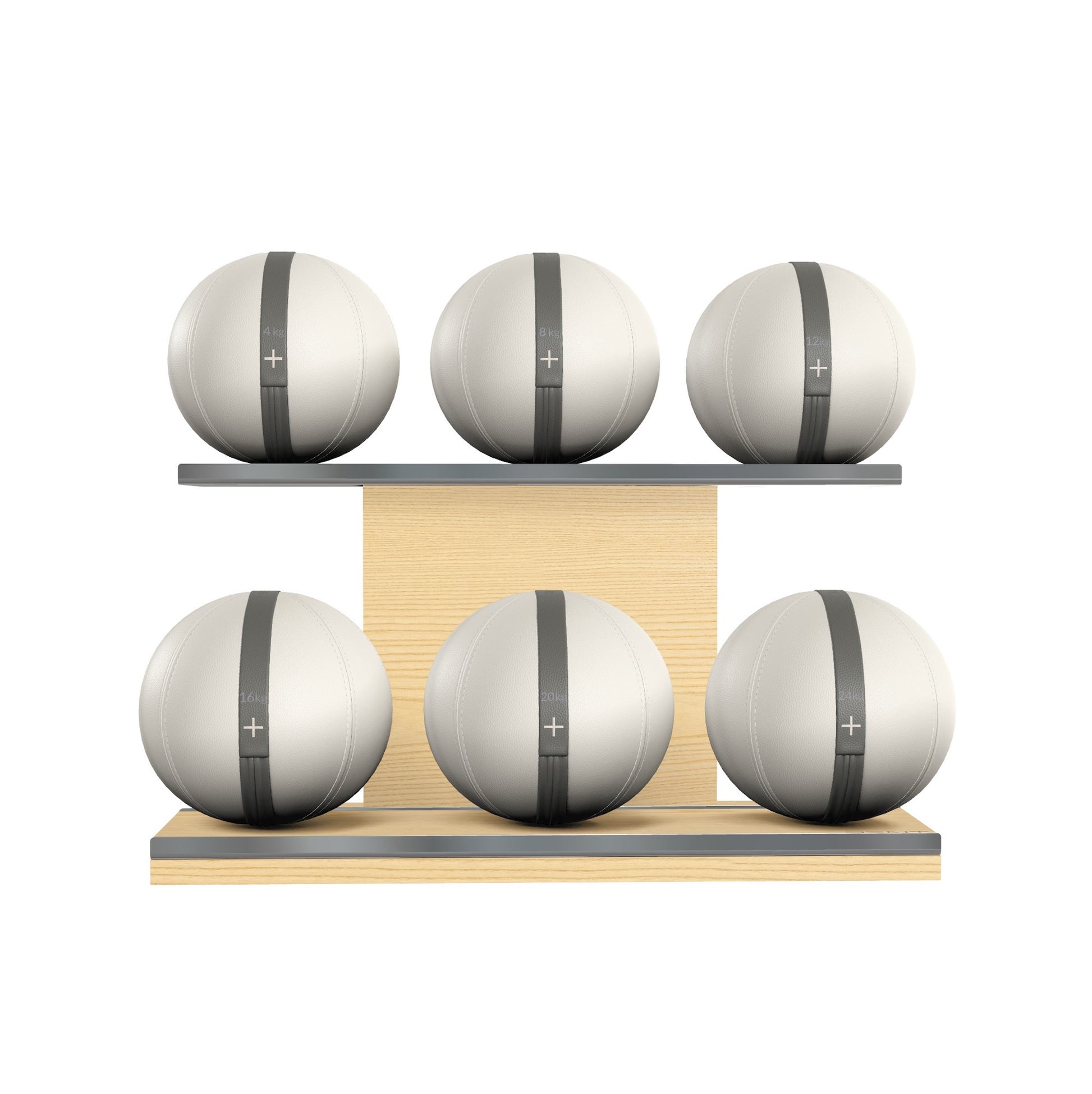 Six white leather medicine balls with grey accent leather, arranged on two shelves made of natural ash wood. PENT. MOXA Set Ultimate - Set of 6 Medicine Balls on Horizontal Wooden Stand